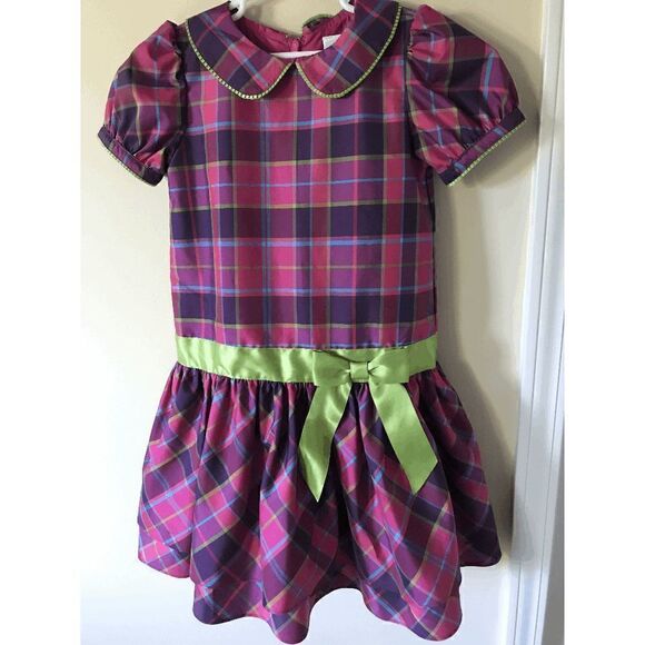 Hanna Andersson Girls Lined Puff Sleeve Pleated Tulle Dress Purple Plaid Sz 120 - Picture 1 of 4